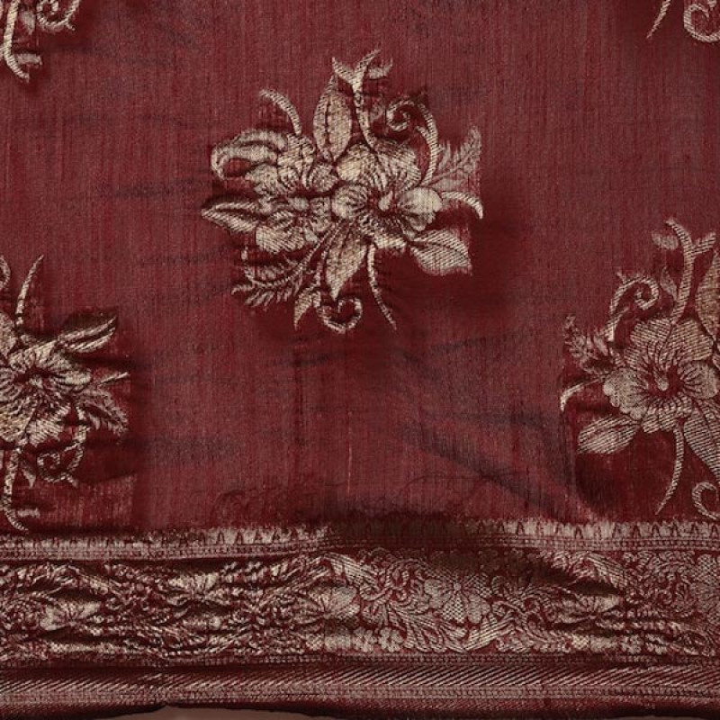 Maroon Floral Linen Blend Banarasi Saree - Image 2