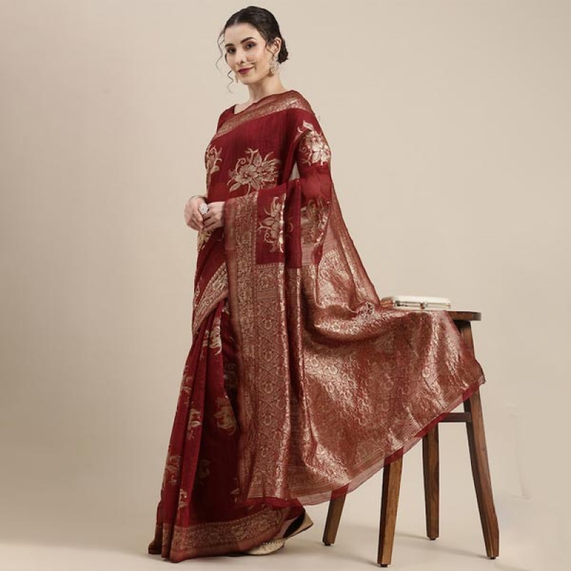Maroon Floral Linen Blend Banarasi Saree - Image 4