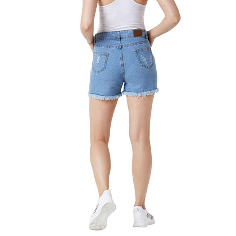 Miss Chase Women's Blue Relaxed Fit Distressed Mid Rise Ripped Fringed Hemline Denim Shorts - Image 2