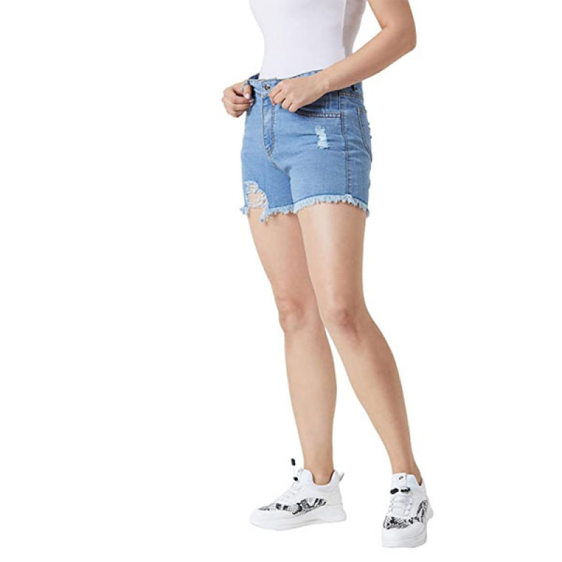 Miss Chase Women's Blue Relaxed Fit Distressed Mid Rise Ripped Fringed Hemline Denim Shorts - Image 3
