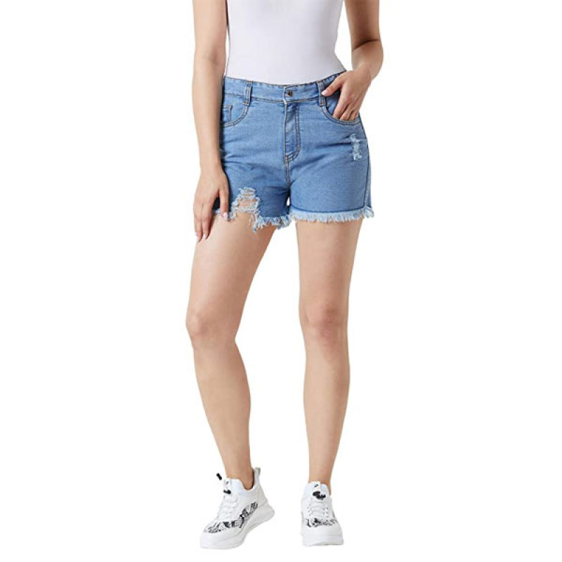 Miss Chase Women's Blue Relaxed Fit Distressed Mid Rise Ripped Fringed Hemline Denim Shorts - Image 4
