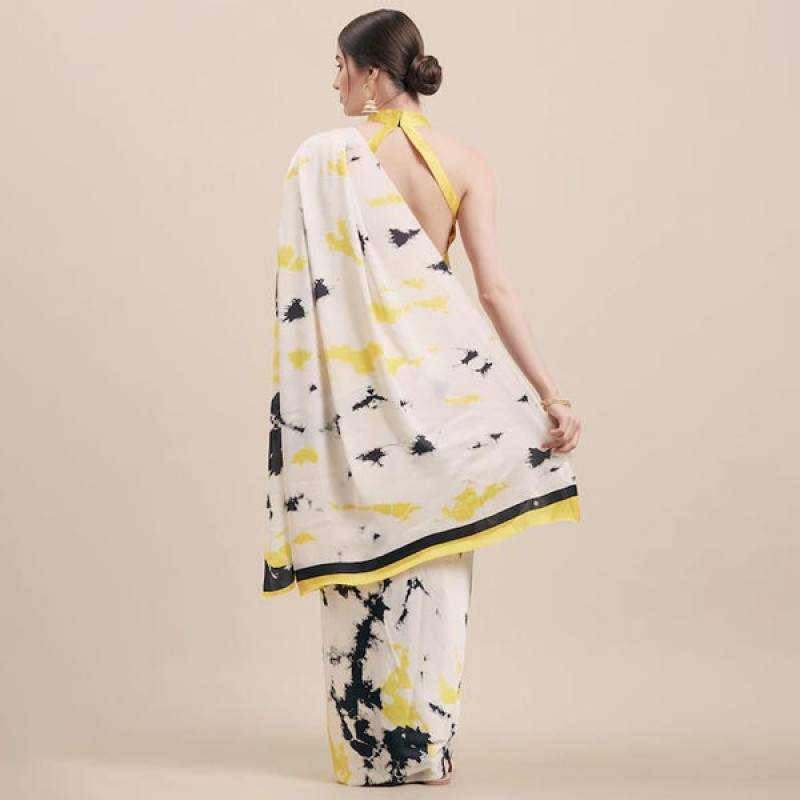 White & Yellow Satin Printed Saree - Image 4