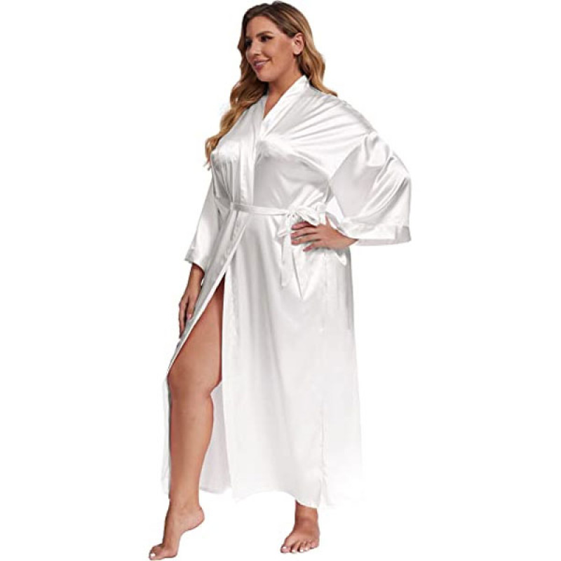 feslieacc Women's Plus Size Long Satin Robes Plus Size Long Silk Robes Kimonos Sleepwear Dressing Gown - Image 3