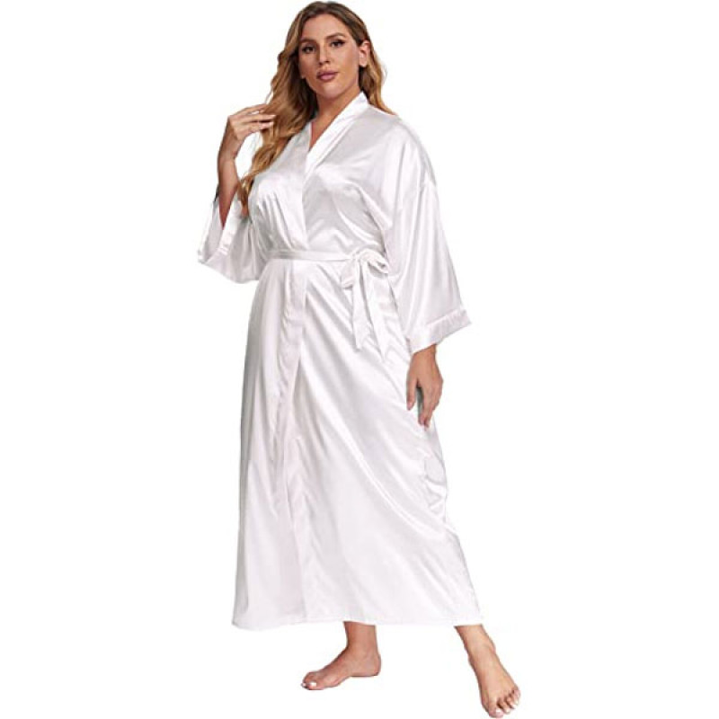 feslieacc Women's Plus Size Long Satin Robes Plus Size Long Silk Robes Kimonos Sleepwear Dressing Gown - Image 4